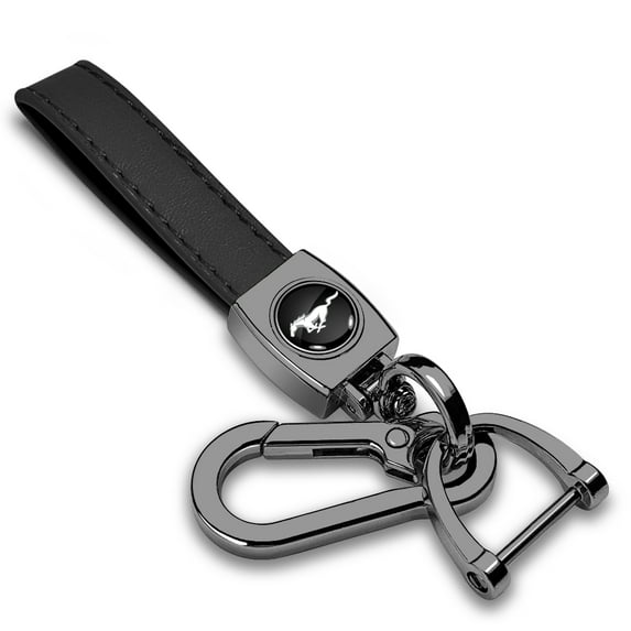 iPick Image for Ford Mustang Logo in Black on Black Leather Loop-Strap Dark Gunmetal Hook Key Chain, Official Licensed