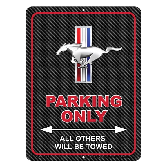 iPick Image for Ford Mustang Tri-Bar 12" x 9" Parking Only Sign in Carbon Fiber Look Glassy Aluminum, Official Licensed