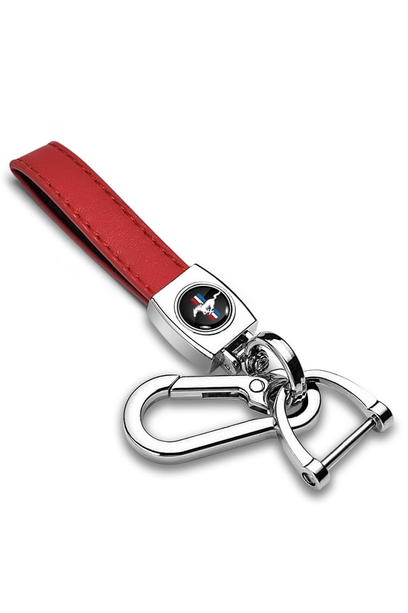 for Ford Mustang Tri-Bar Logo in Black on Genuine Red Leather Loop-Strap Chrome Hook Key Chain, Official Licensed