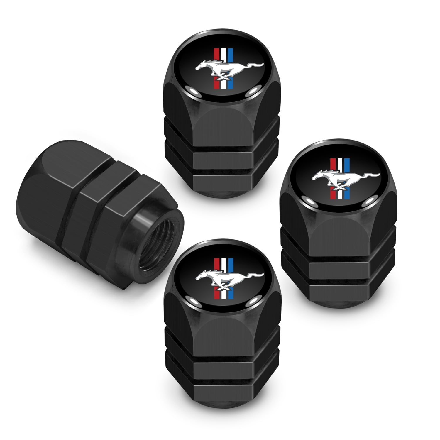 iPick Image for Ford Mustang Tri-Bar in Black on Black Hexagon Shape Aluminum Tire Valve Stem Caps, Official Licensed