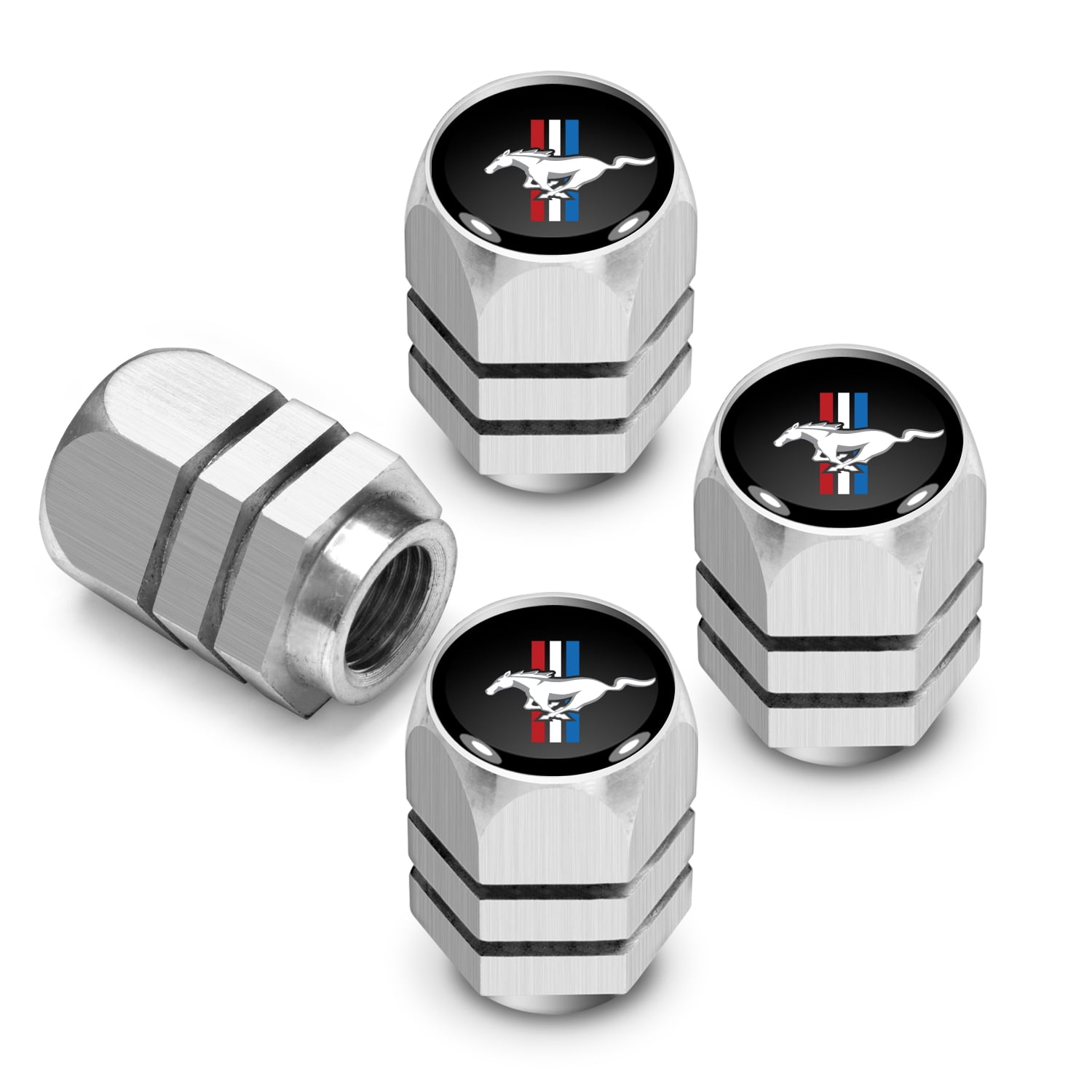 iPick Image for Ford Mustang Tri-Bar in Black on Silver Chrome Hexagon Shape Aluminum Tire Valve Stem Caps, Official Licensed