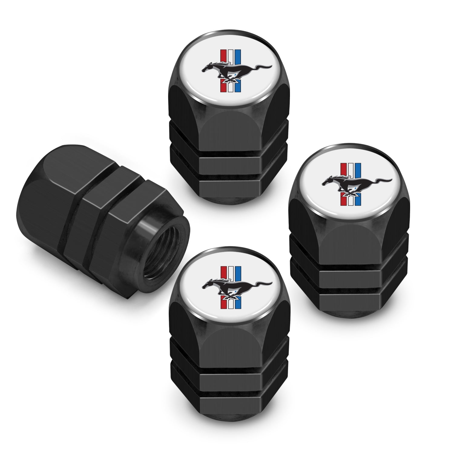 iPick Image for Ford Mustang Tri-Bar in White on Black Hexagon Shape Aluminum Tire Valve Stem Caps, Official Licensed