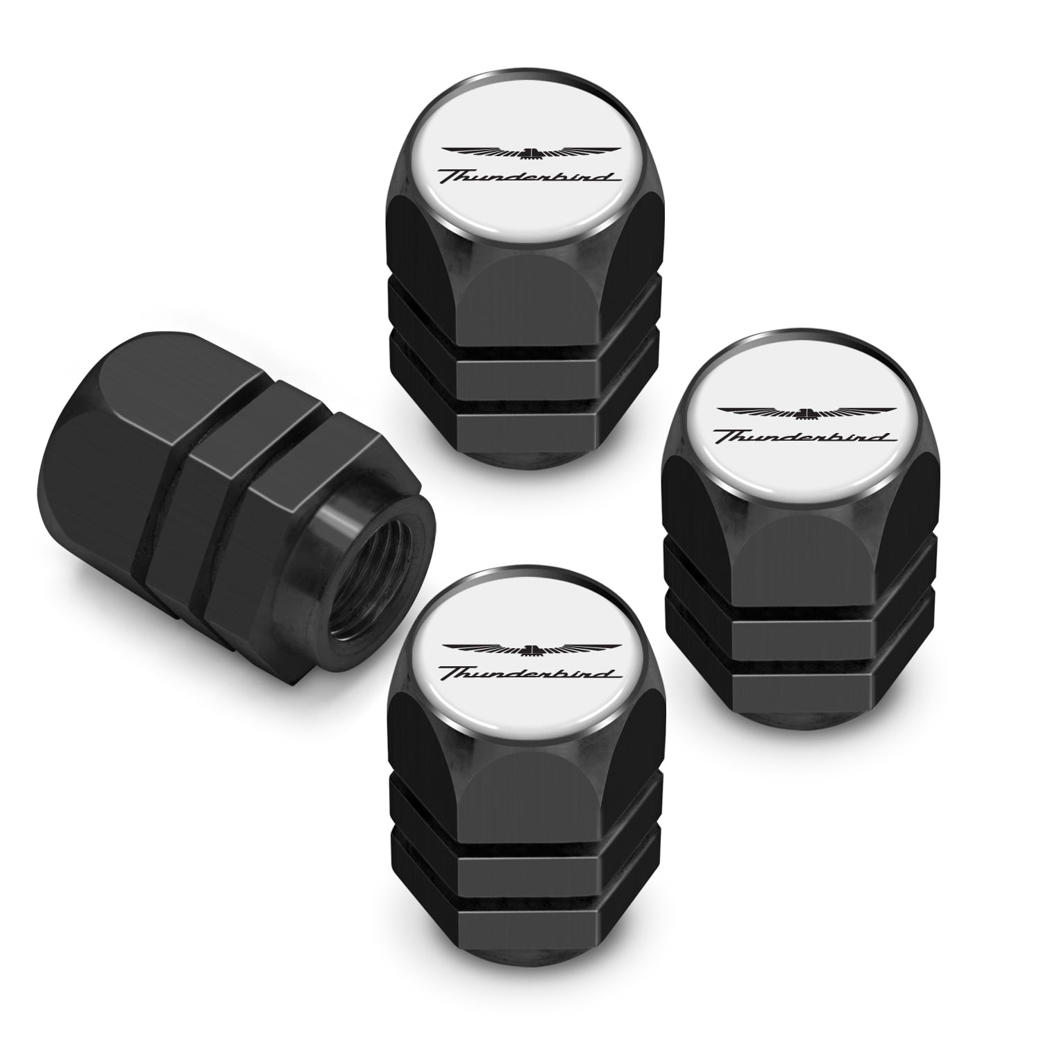 iPick Image for Ford Thunderbird in White on Black Hexagon Shape Aluminum Tire Valve Stem Caps, Official Licensed