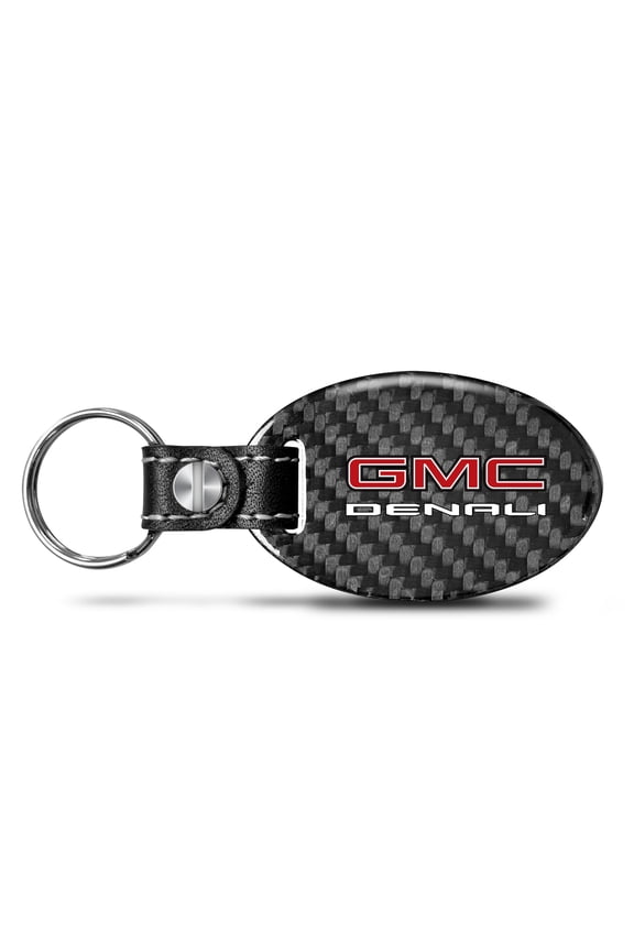 for GMC Denali Black Real Carbon Fiber Oval Shape with Black Leather Strap Key Chain, Official Licensed