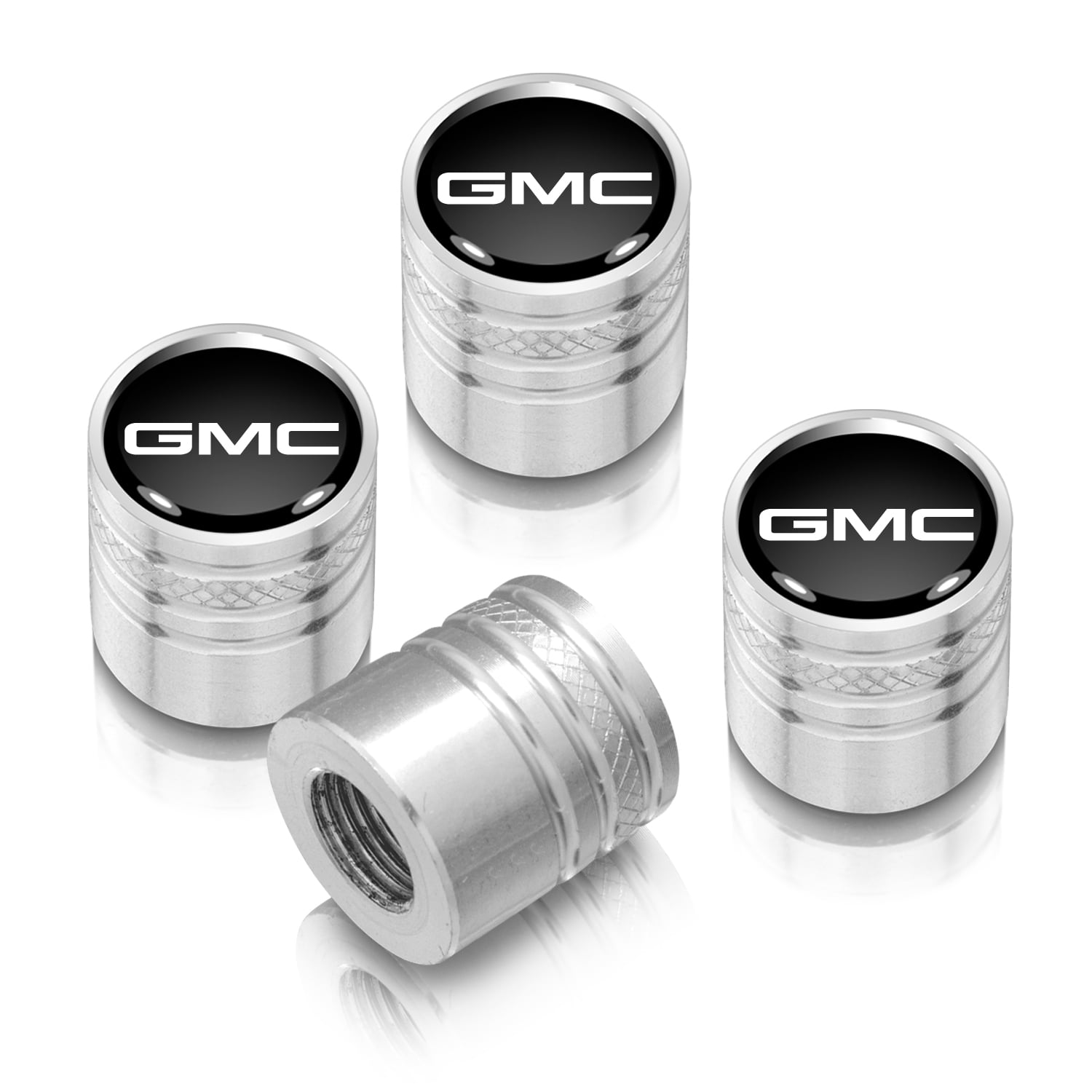 iPick Image for GMC Logo in Black on Shining Silver Aluminum Cylinder-Style Tire Valve Stem Caps, Official Licensed