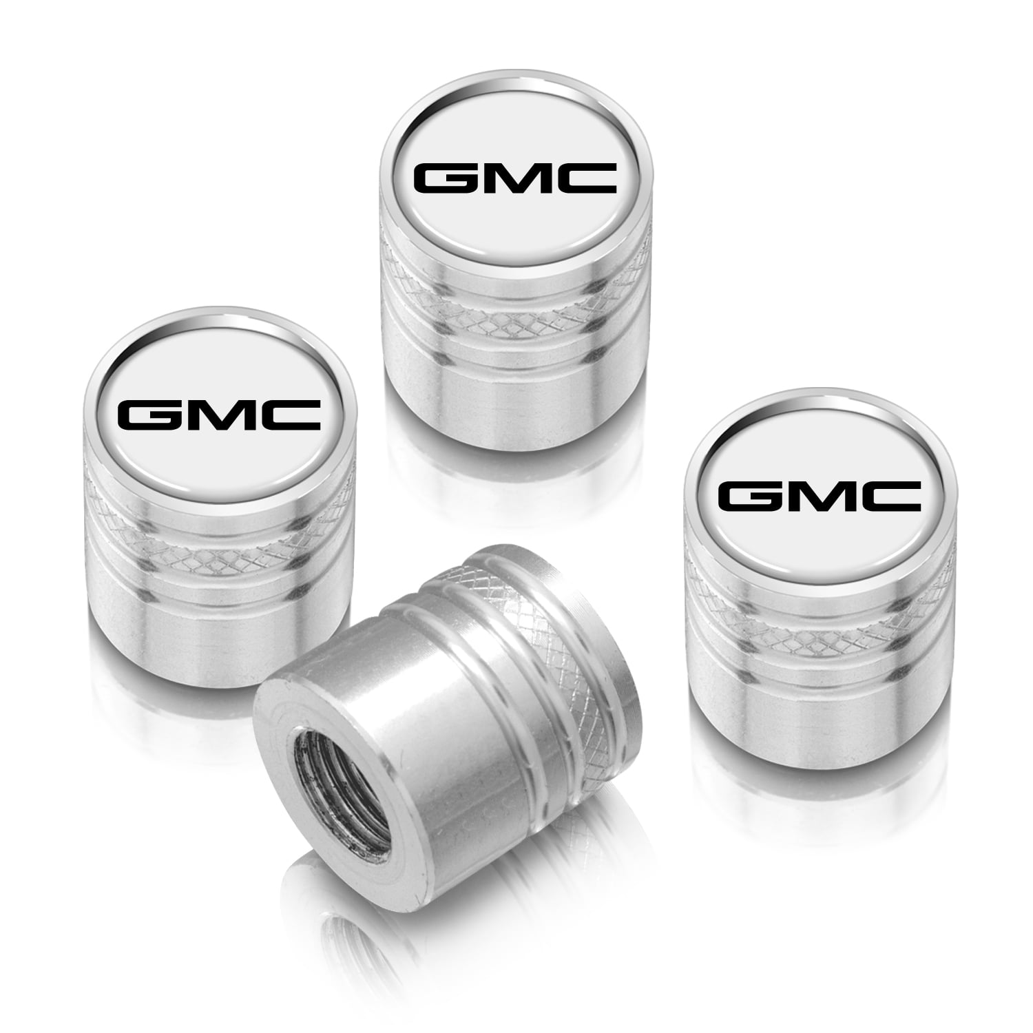 iPick Image for GMC Logo in White on Shining Silver Aluminum Cylinder-Style Tire Valve Stem Caps, Official Licensed