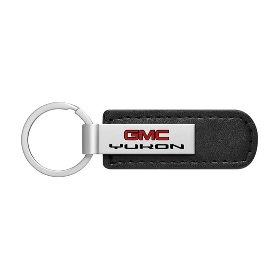 iPick Image for GMC Yukon Silver Metal Plate Black PU Leather Strap Key Chain, Official Licensed