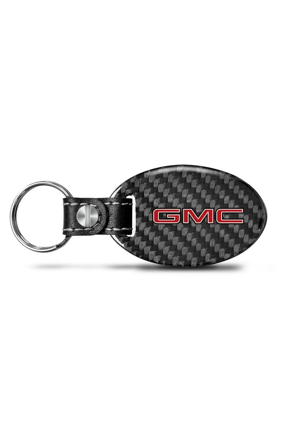 for GMC in Red Black Real Carbon Fiber Oval Shape with Black Leather Strap Key Chain, Official Licensed