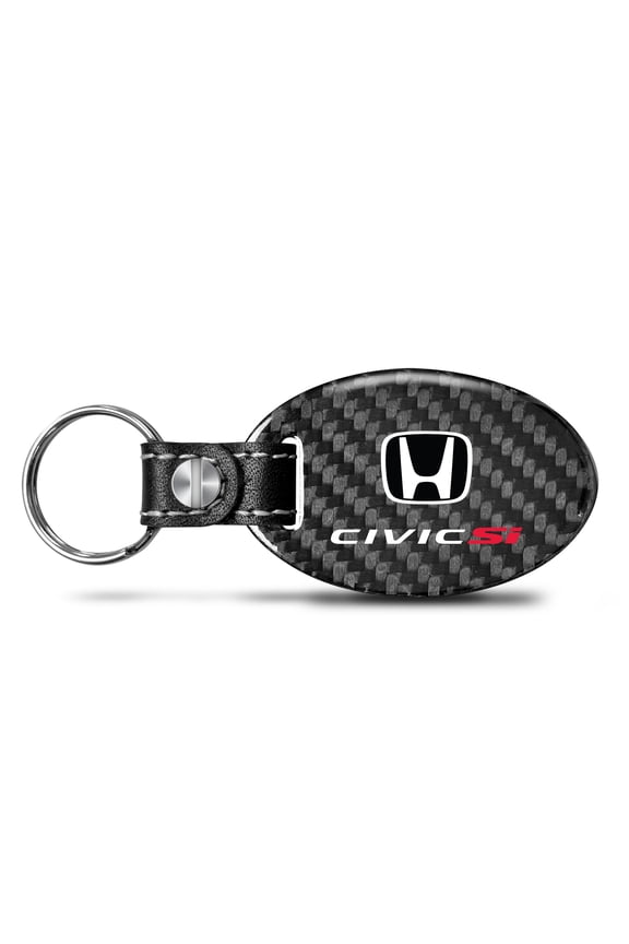 for Honda Civic Si Logo Real Carbon Fiber Large Oval Shape with Black Leather Strap Key Chain, Official Licensed