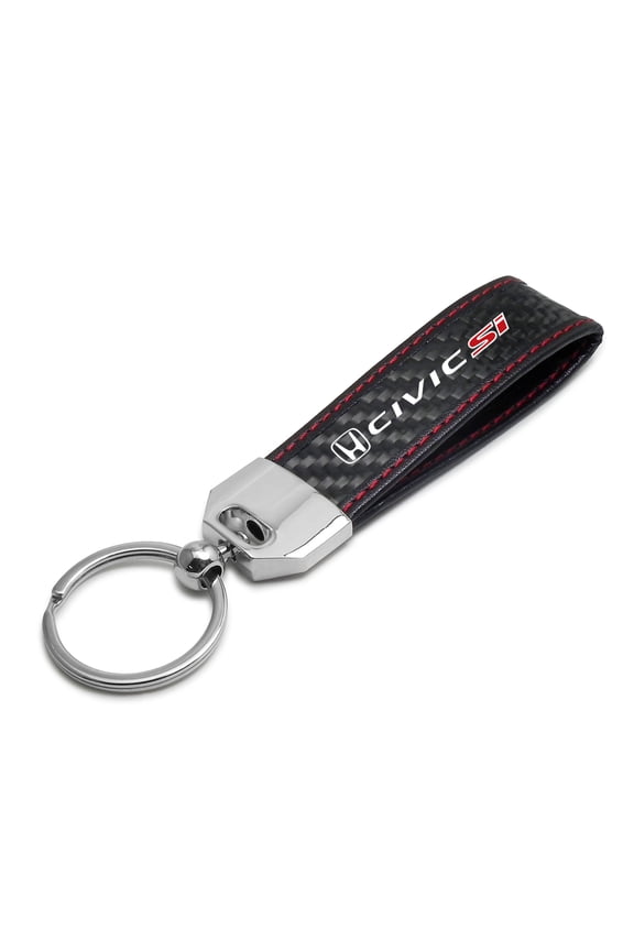 for Honda Civic Si Real Black Carbon Fiber Loop Strap Key Chain with Red Stitching, Official Licensed