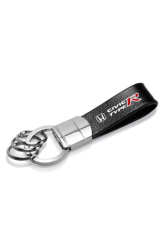 for Honda Civic Type-R Black Real Leather Strap Chrome Round Hook Metal Key Chain, Official Licensed