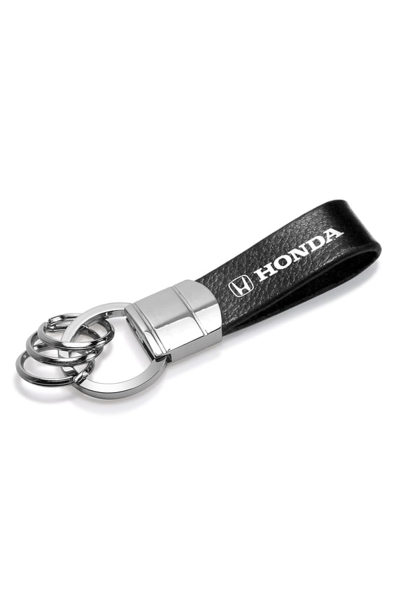 for Honda Logo Black Real Leather Strap Chrome Round Hook Metal Key Chain, Official Licensed