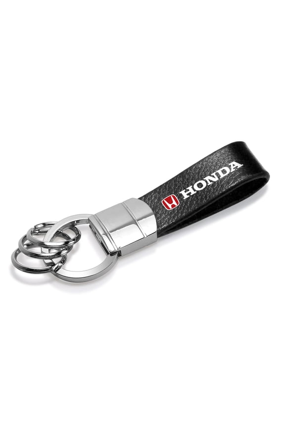 for Honda Logo in Red Black Real Leather Strap Chrome Round Hook Metal Key Chain, Official Licensed