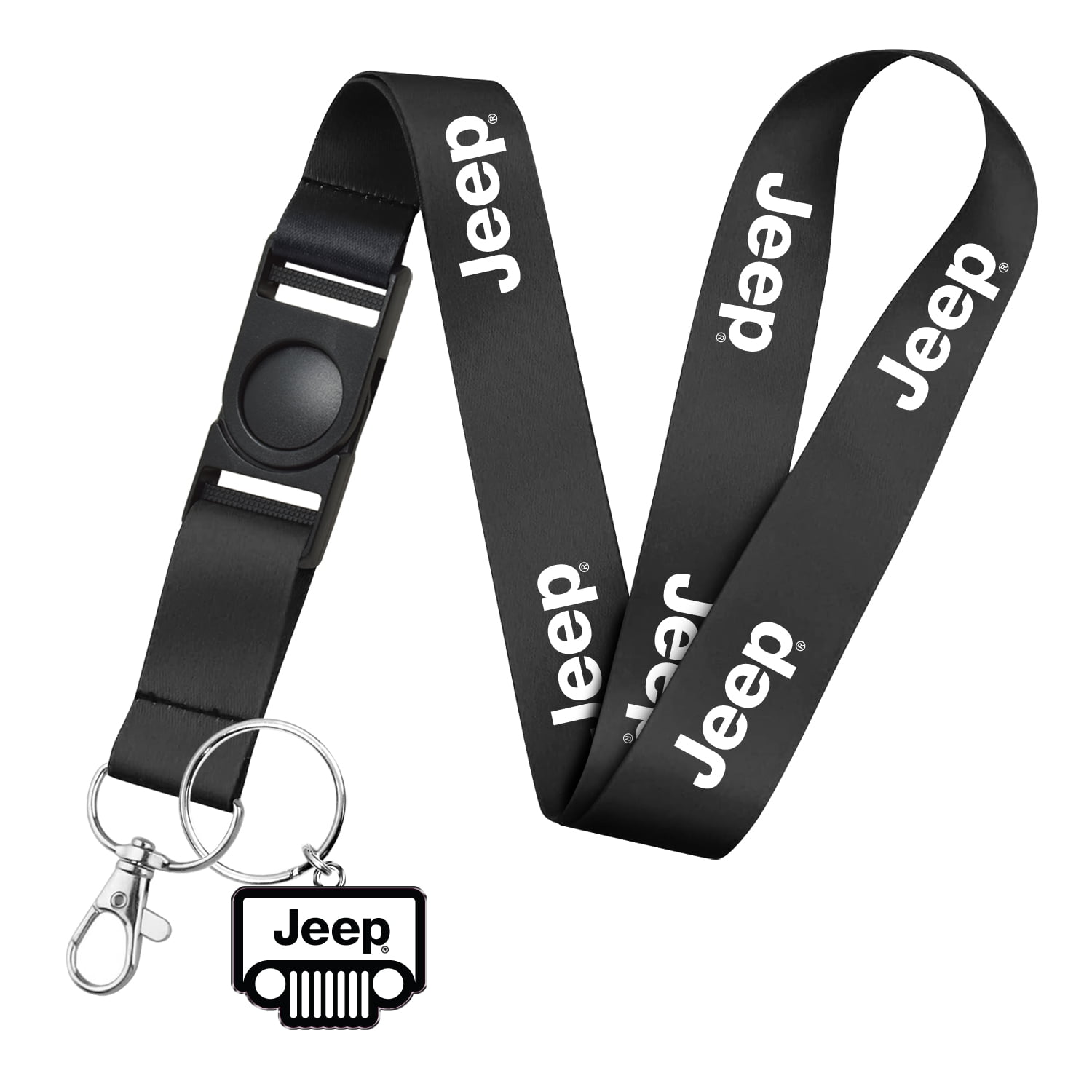 iPick Image for Jeep Full-Color Die-Cut Metal Key Chain with Printed Logo Black Lanyard Strap, Official Licensed