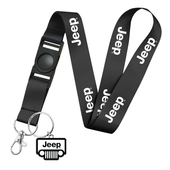 iPick Image for Jeep Full-Color Die-Cut Metal Key Chain with Printed Logo Black Lanyard Strap, Official Licensed