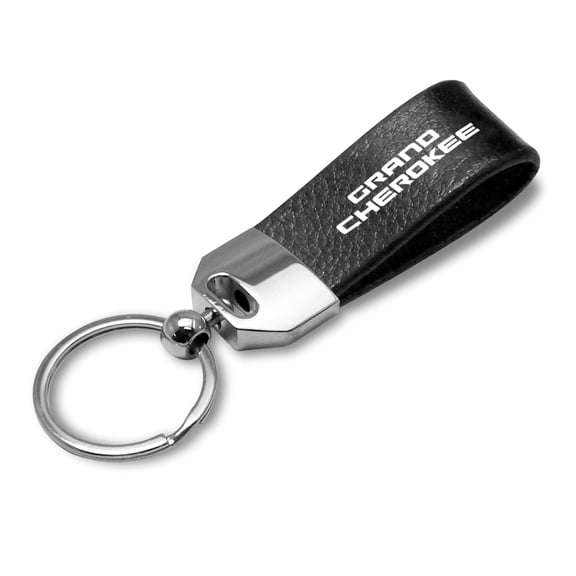 iPick Image for Jeep Grand Cherokee Black Real Leather Loop Strap Chrome Metal Key Chain, Official Licensed