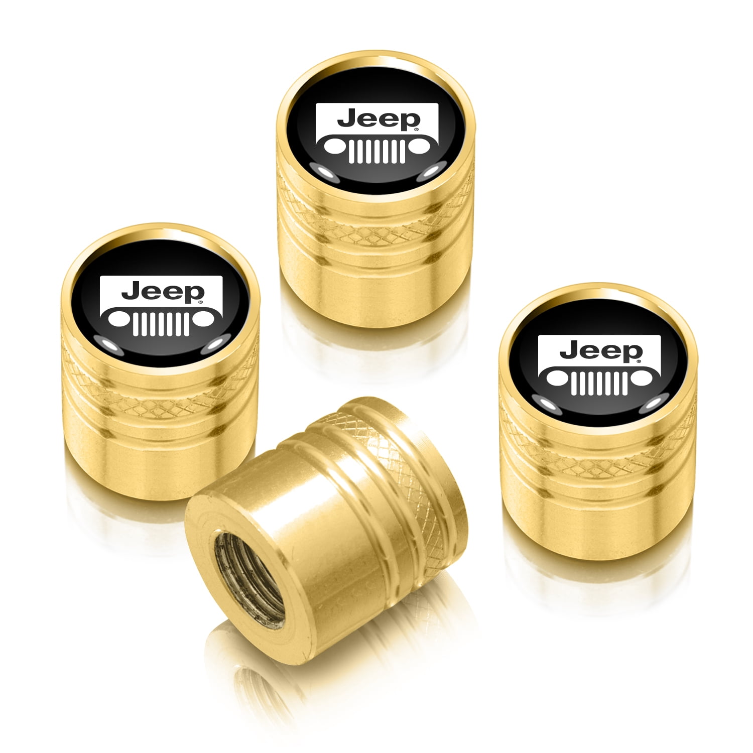 iPick Image for Jeep Grill in Black on Golden Aluminum Cylinder-Style Tire Valve Stem Caps, Official Licensed