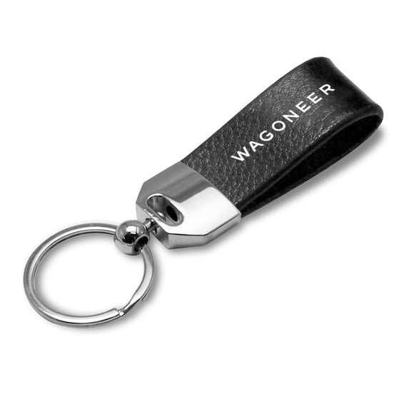iPick Image for Jeep Wagoneer Black Real Leather Loop Strap Chrome Metal Key Chain, Official Licensed