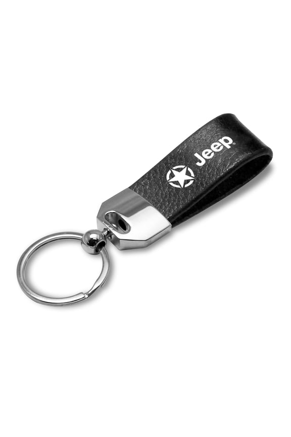 for Jeep Willys Star Logo Black Real Leather Loop Strap Chrome Metal Key Chain, Official Licensed