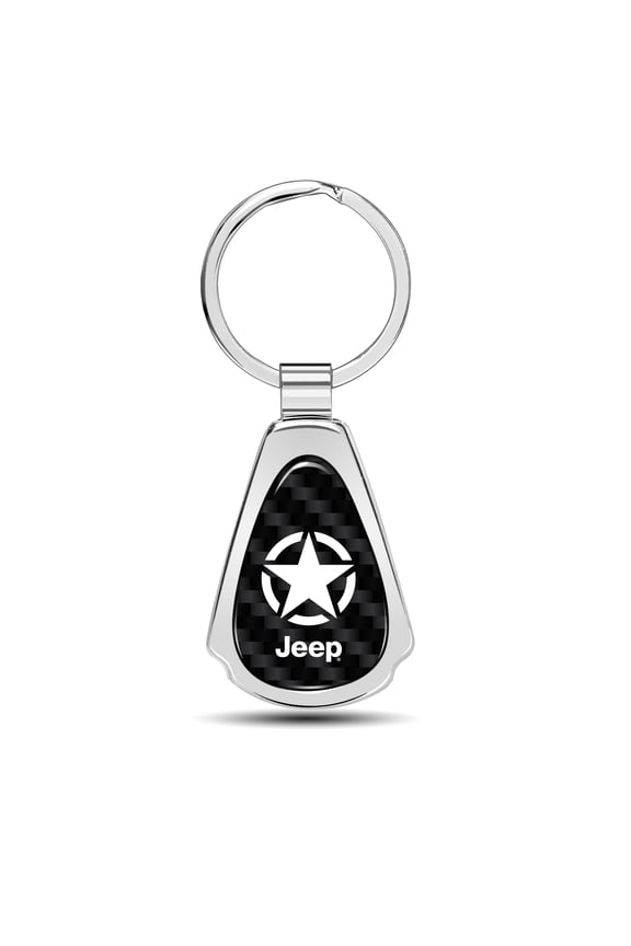 for Jeep Willys Star Logo Real Black Carbon Fiber Chrome Metal Teardrop Key Chain, Official Licensed