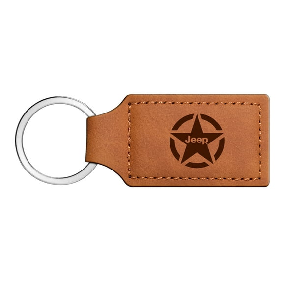 iPick Image for Jeep Willys Star Logo Rectangular Brown Leather Key Chain, Official Licensed