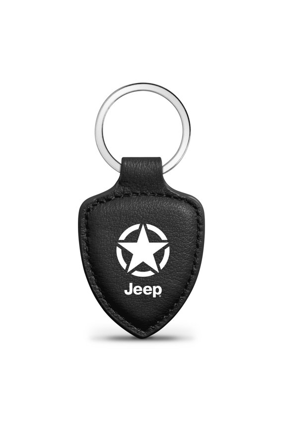 for Jeep Willys Star Logo Soft Real Black Leather Shield-Style Key Chain, Official Licensed