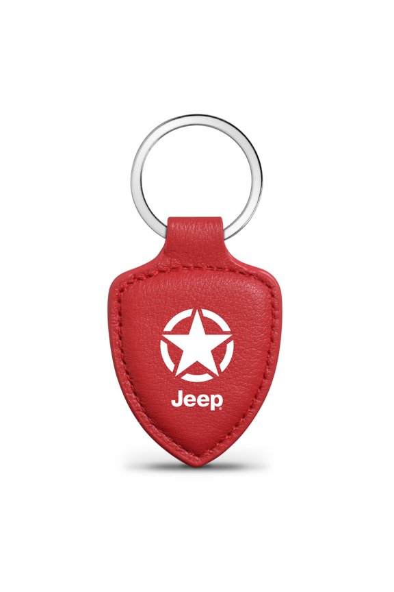for Jeep Willys Star Logo Soft Real Red Leather Shield-Style Key Chain, Official Licensed