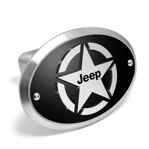 iPick Image for Jeep Willys Star Logo in 3D on Black Plate Oval Brushed Silver Billet Aluminum 2-inch Tow Hitch Cover, Official Licensed