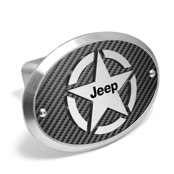 iPick Image for Jeep Willys Star Logo in 3D on Carbon Fiber Look Oval Brushed Silver Billet Aluminum 2-inch Tow Hitch Cover, Official Licensed