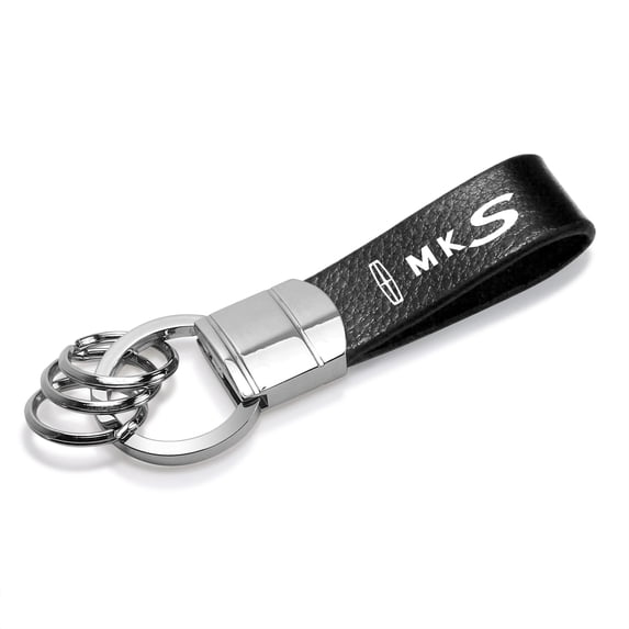 iPick Image for Lincoln MKS Black Real Leather Strap Chrome Round Hook Metal Key Chain, Official Licensed