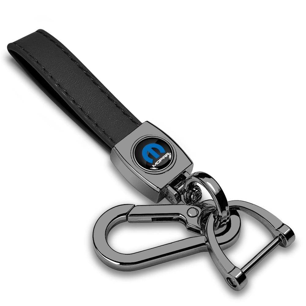iPick Image for Mopar Logo in Black on Black Leather Loop-Strap Dark Gunmetal Hook Key Chain, Official Licensed