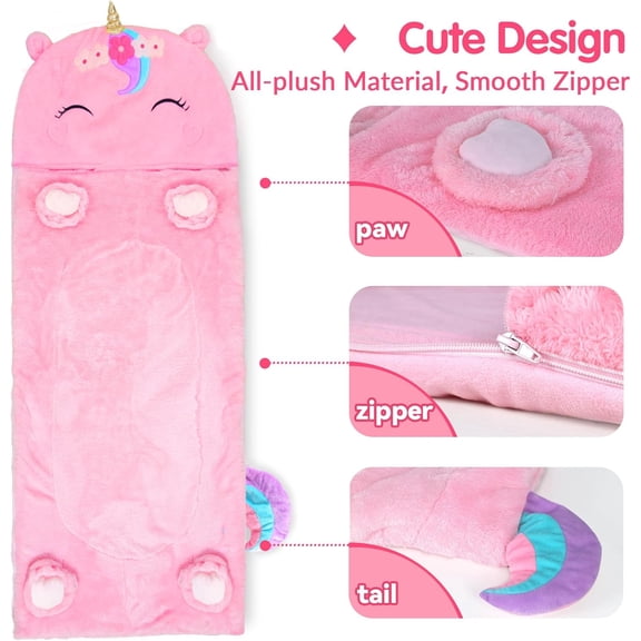 iPlay iLearn Kids Unicorn Sleeping Bag Toddler Girl Nap Mat Plush Animal Slumber Bag 2 in 1 Pink Pillow Daycare Preschool Kindergarten Birthday Gift Travel Sleepover for Child Teen