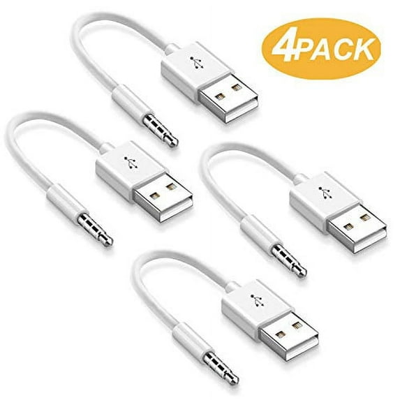 for iPod Shuffle Cable, 4-Pack 3.5mm Jack Plug to USB Power Charger Sync Data Transfer 10.5cm Replacement Cable Compatible for iPod Shuffle 3rd | 4th | 5th Gen MP3/MP4 Case, 4 Pack, White