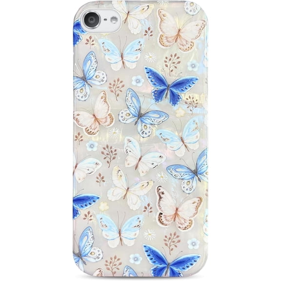 iPod Touch 7 Case - Aesthetic Blue Butterflies Floral Flowers Glitter Opal Pearly Thinfoil Design Soft TPU Bumper Protective Phone Case