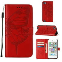 iPod Touch 7 Case,iPod Touch 6 Case, Embossed Butterfly PU Leather Credit Card Holder Slots Protection Kickstand Flip Shockproof TPU Phone Cover for Apple iPod Touch 5/6/7th Generation,Red