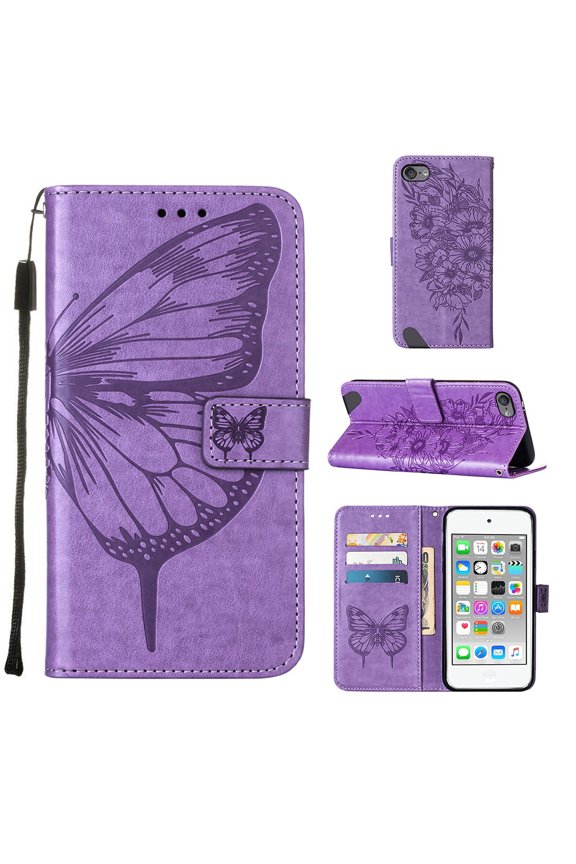 iPod Touch 7 Case,iPod Touch 6 Case, Embossed Butterfly PU Leather Credit Card Holder Slots Protection Kickstand Flip Shockproof TPU Phone Cover for Apple iPod Touch 5/6/7th Generation,Light Purple