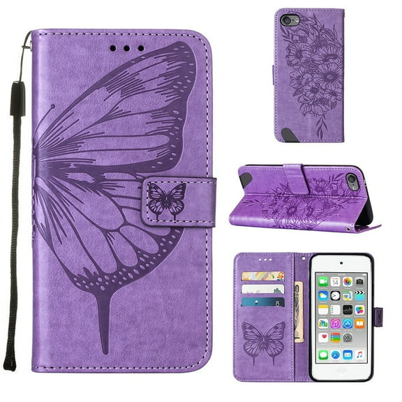 iPod Touch 7 Case,iPod Touch 6 Case, Embossed Butterfly PU Leather Credit Card Holder Slots Protection Kickstand Flip Shockproof TPU Phone Cover for Apple iPod Touch 5/6/7th Generation,Light Purple