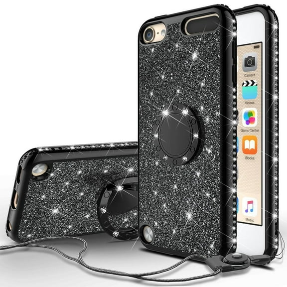 iPod Touch 7 Case,iPod 7/6/5 Case,Glitter Cute Phone Case Girls Women with Ring Kickstand,Bling Protective Case for Apple iPod Touch 5/6th/7th Generation/New iPod Touch Case - Black