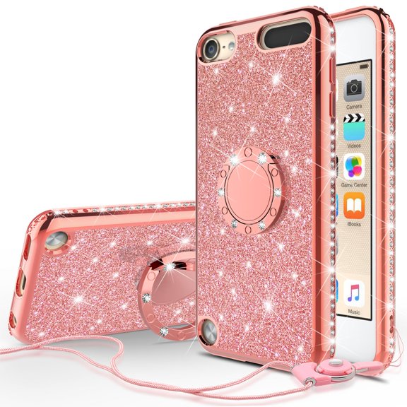 iPod Touch 7 Case,iPod 7/6/5 Case,Glitter Cute Phone Case Girls Women with Ring Kickstand,Bling Protective Case for Apple iPod Touch 5/6th/7th Generation/New iPod Touch Case - Rose Gold