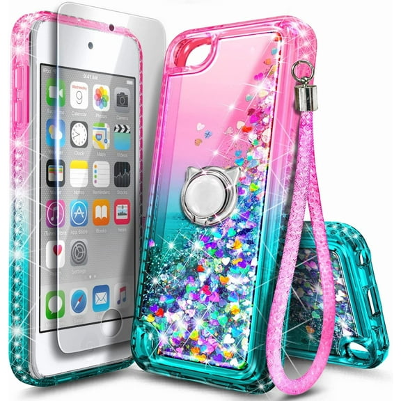 iPod Touch 7 Case, iPod Touch 6 5 Case with Screen Protector, Nagebee Liquid Glitter Floating Gradient Quicksand Bling Diamond Durable Girls Cute Case for iPod Touch 7th/6th/5th Gen (Pink/Aqua)