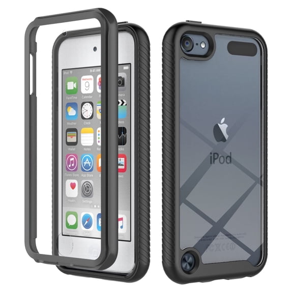 for iPod Touch 7/Touch 6/Touch 5 Case Built-in Screen Protector Clear Rugged 360 Full Body Protective Shockproof Hard Back Soft TPU Defender Dual Layer Heavy Duty Bumper Anti-Scratch Case, Black