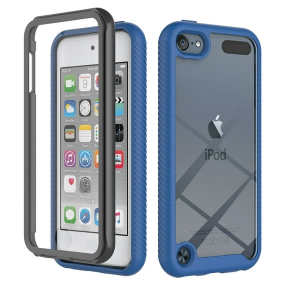 for iPod Touch 7/Touch 6/Touch 5 Case Built-in Screen Protector Clear Rugged 360 Full Body Protective Shockproof Hard Back Soft TPU Defender Dual Layer Heavy Duty Bumper Anti-Scratch Case, Darkblue