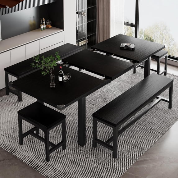 iPormis 5-Piece Dining Table Set for 4-8 People, Extendable Kitchen Table Set with 2 Benches and 2 Square Stools, Black