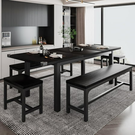 iPormis 5-Piece Dining Table Set for 4-8 People, Extendable Kitchen Table Set with 2 Benches and 2 Square Stools, Black