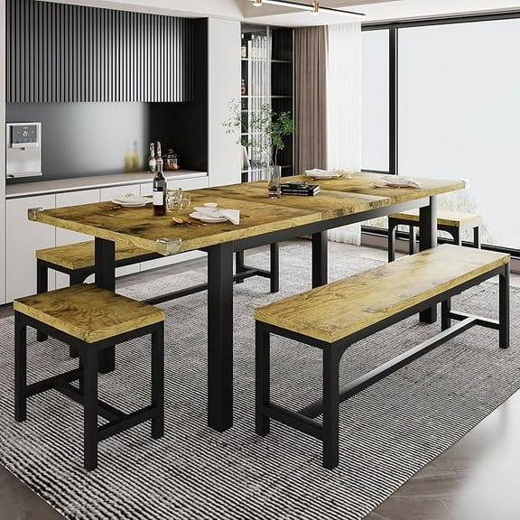 iPormis 5-Piece Dining Table Set for 4-8 People, Extendable Kitchen Table Set with 2 Benches and 2 Square Stools ,  Rustic Brown