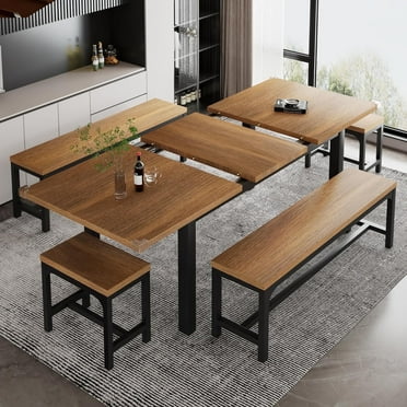iPormis 5-Piece Dining Table Set for 4-8 People, Extendable Kitchen Table Set with 2 Benches and 2 Square Stools, Walnut