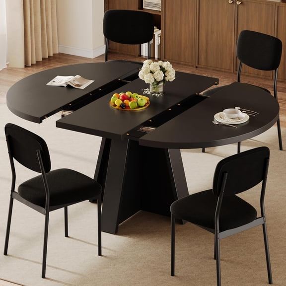 iPormis 5-Piece Extendable Round Dining Table Set for 4-6, 59 '' Kitchen Circle Table with 4 Chairs, Space-Saving Wood Base Dining Set for Kitchen, Living Room