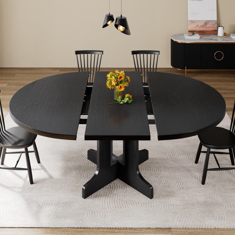 iPormis 59" Extendable Round Dining Table for 6, Modern Kitchen Table with Sturdy Wooden Base, Dining Room Table with Thickened MDF Board, Perfect for Small Space, Black - Walmart.com