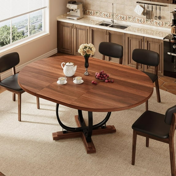 iPormis 59'' Extendable Round Dining Table for 4 to 8, Kitchen Table with Sturdy X-Base Metal Legs, MDF Board , Space Saving, Easy Assembly,Walnut