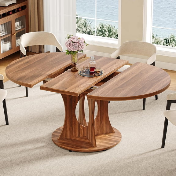 iPormis 59 Inch Extendable Round Dining Table for 6-8 People, Space Saving Wooden Kitchen and Dining Table, Walnut